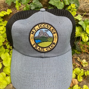 Mt. Icculus Trail Club handmade iron on patch SOFT FRONT hat, hemp, classic dad cap. The Lizards. grey/black hemp