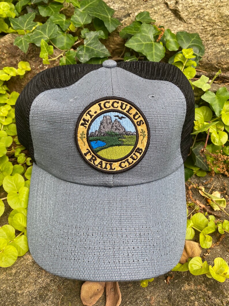 Mt. Icculus Trail Club handmade iron on patch SOFT FRONT hat, hemp, classic dad cap. The Lizards. grey/black hemp