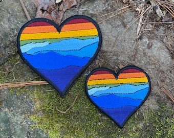 Sweet Appalachia handmade Blue Ridge Mountains Embroidered iron-on heart patch. Western North Carolina