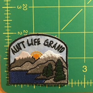 May include: Embroidered patch with a landscape design. The patch features a mountain range, a lake, and pine trees, with a rising sun. The text "AIN'T LIFE GRAND" is arched across the top in black thread. The patch has a light blue background.