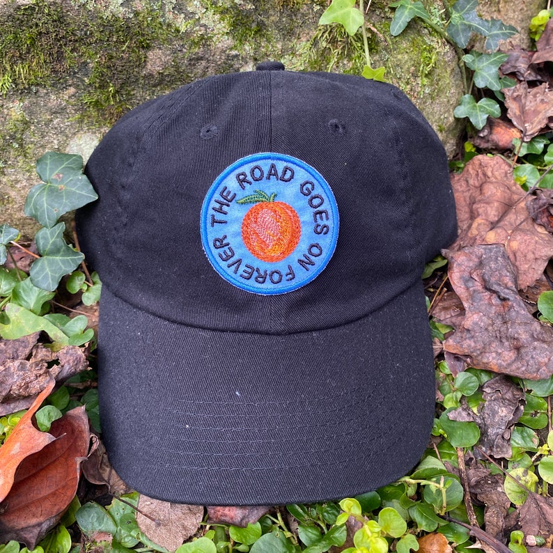 The road goes on forever, handmade iron-on patch or HAT. Eat a Peach. Allman Brothers Band inspired. Trucker, baseball, hemp black baseball