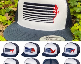 Phlying Phishimal Retro Stripes white/navy flatbill trucker.  Custom Embroidery