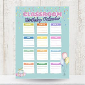 Classroom Birthday Poster Size Calendar Digital Download Instant Download