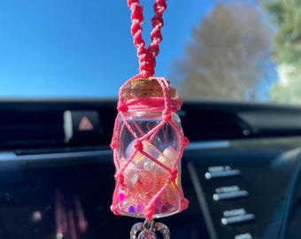 Collar/colgador para coche ajustable de macramé con tarro de cuento de hadas de ópalo rosa