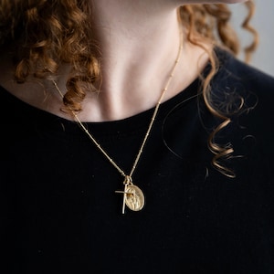 Cross and Miraculous Medal Necklace, 18k Gold-Filled Catholic Necklace