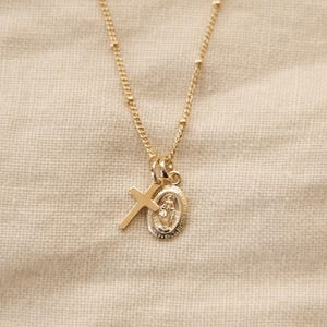 Mini Miraculous Medal and Cross Necklace, 18k Gold-Filled Catholic Necklace, Children’s Cross Necklace