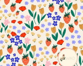 Strawberry Ditsy Floral On Blue Seamless Pattern - Colorful, Digital File for Stickers, Planners & Crafts