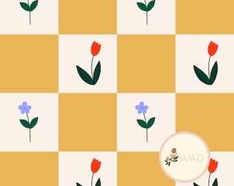 Yellow Check Floral Seamless Patterns – Colorful, Digital File for Stickers, Planners & Crafts