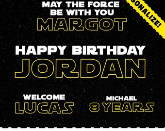 パーソナライズされたスターウォーズ誕生日あなたの名前印刷可能な誕生日デコレーション - 誕生日サイン、部屋の装飾、スターウォーズ愛好家のためのカスタムギフト