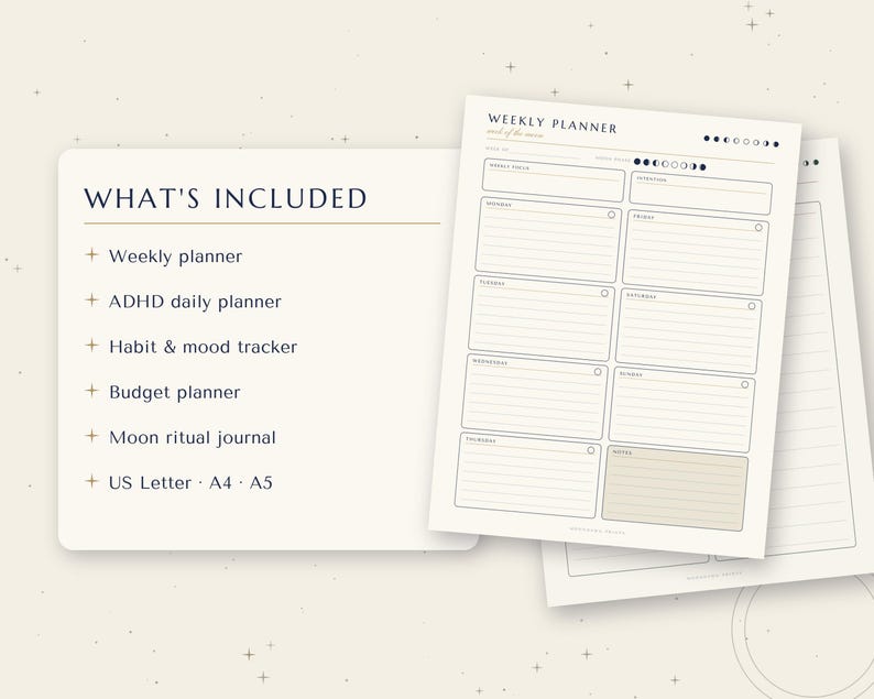 Planner Bundle Printable, Moon Weekly Planner Budget Habit Tracker ...