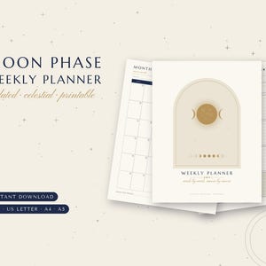 Op de afbeelding: Een weekplanner met maanfasen en ongedateerde pagina's. De omslag heeft een boogontwerp met een centrale maangrafiek en een reeks maanfasen. De tekst luidt MOON PHASE WEEKLY PLANNER, undated, celestial, printable en weekly planner.