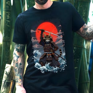 Samurai Cat Comfort Color T-Shirt Japanese Retro Rising Sun Shirt