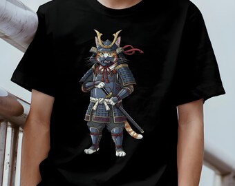 Camiseta de gato samurái estilo anime con colores cómodos y estilo japonés.