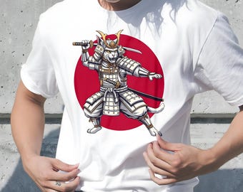 T-shirt style guerrier rétro japonais couleurs confort chat samouraï