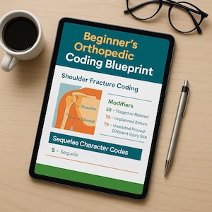 May include: A tablet displays a "Beginner's Orthopedic Coding Blueprint" with "Shoulder Fracture Coding" information. The screen shows anatomical diagrams and coding details. A cup of coffee, a pen, and glasses are on a wooden surface.