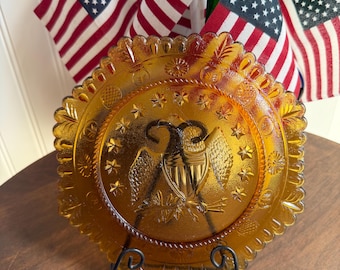 Vintage Indiana Glass Amber Bicentennial Eagle Plate | 8” Patriotic Glass Plate | Americana Decor