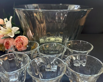 Vintage Toscany Glass Punch Bowl with 6 Matching Cups – Elegant Entertaining Set