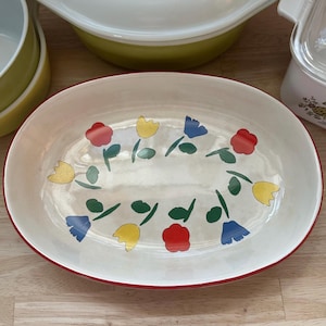 Vintage jaren 80 primaire kleur bloemen keramische braadpan – handgeschilderd aardewerk bakvormen