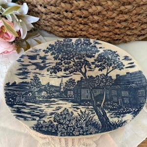 Vintage &quot;English Village&quot; Blue & White Transferware Platter | 13” Oval