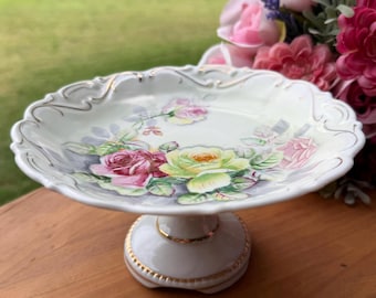Vintage Arnart Sockel Kompott Schüssel | Handbemalte florale Rose Porzellan Servierschüssel