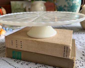 Vintage Milk Glass Cake Stand | Paneled Pattern Gold Accent Pedestal Plate