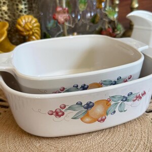 Può includere: Due pirofile rettangolari bianche con manici, una dentro l'altra. I piatti sono decorati con un colorato motivo di frutta e foglie. Il design include arance, mirtilli e bacche rosse.