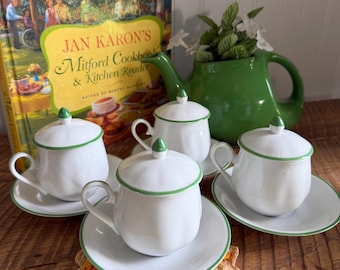 Vintage Taste Setter Collection by Sigma Pot de Crème Cups Set of 4 | Covered Custard Cups with Saucers | White & Green Japan Porcelain