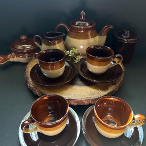 Vintage Stoneware Teapot Set – Tricolor Striped Beige & Brown Glaze - Teapot, Creamer 4 Cups, Saucers