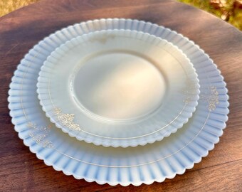 Vintage Macbeth-Evans Petalware Plates — 10.5” & 8” Monax Milk Glass with Gold Trim “Regency” Pattern, Depression Glass