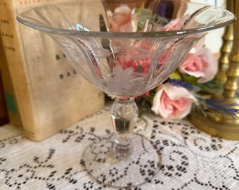 Vintage Etched Floral Glass Compote | Footed Dessert Bowl