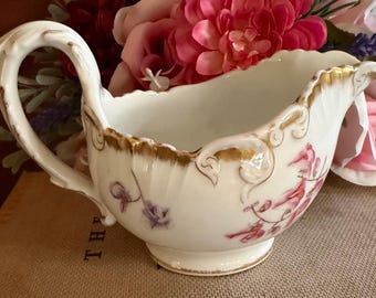 Jarra de leche de porcelana francesa antigua / Jarra de leche con motivos florales dorados / Servicio de té francés / Decoración de mesa estilo cottagecore