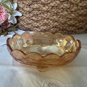 Vintage Jeannette Glass Floragold &quot;Louisa&quot; Iridescent Oval Footed Dish | Petite Marigold Carnival Glass