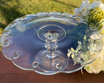 Vintage Indiana Glass Teardrop Cake Stand | Clear Pedestal Dessert Serving Plate 10 Inch