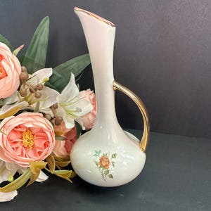 Vintage Bud Vase with Pink Interior, Gold Accents/Handle & Hand-Painted Flowers