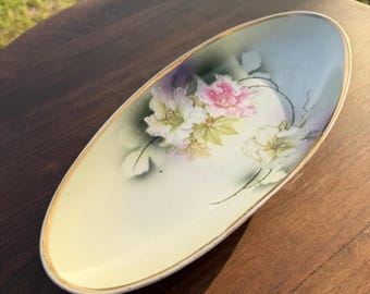 Vintage German Hand-Painted Floral Oval Serving Dish with Gold Trim