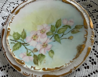 Plato de porcelana pintado a mano / Flores rosas, borde dorado, decoración estilo cottagecore