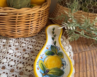 Vintage Italian Lemon Spoon Rest Hand Painted Ceramic Kitchen Decor Made in Italy 9 Inch Citrus Pottery