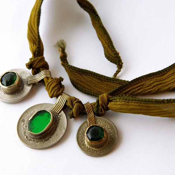 Avocado Green Silk Ribbon Bracelet with Upcycled Kuchi Coin, Belly Dance Tribal Fusion Bohemian Silk Wrap Bracelet, Gypsy Silk Pirate Anklet