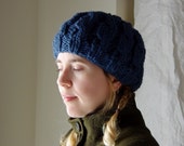 Winsor Blue Wool Mix Chunky Cable Beanie Hat, Warm Bohemian Knit Hat, Outdoorsy Winter Beret, Preppy Knit Toque