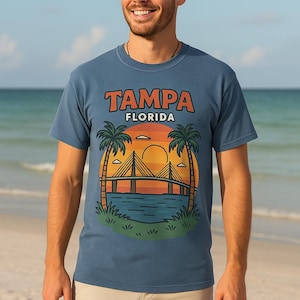 Florida Tampa Unisex Garment-Dyed T-shirt, Vintage Florida Colors Tee, Sunshine State Love Shirt, Tampa Bay Souvenir Top, City Skyline