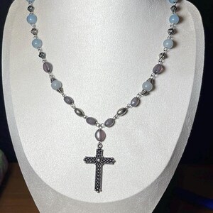 Handmade Rosary-Inspired Cross Necklace – Gothic Pastel Beaded Chain with Vintage Black Cross Pendant