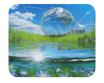 Könnte beinhalten: Ein quadratischer Untersetzer mit einer surrealen Landschaft. Ein transparenter Globus mit einem Flugzeug schwebt über einem grasbewachsenen Feld und Wasser. Das Wasser reflektiert den Himmel und die Sonne, mit blauen Blumen unter der Oberfläche. Gebäude sind im Hintergrund.