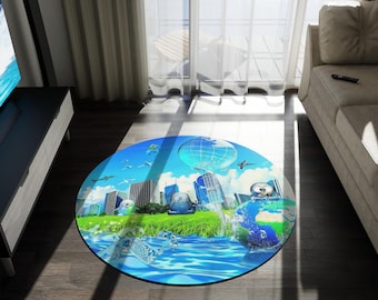 Frutiger Aero Round Area Rug | Y2K Cityscape & Penguins, 60"