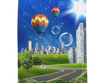 Frutiger Aero Hot Air Balloon Plush Blanket | Y2K Cityscape