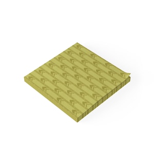 May include: A square stack of light olive green sticky notes featuring a repeating pattern of darker olive green chevron arrows arranged in diagonal lines across the surface of each individual sheet in the paper pad.