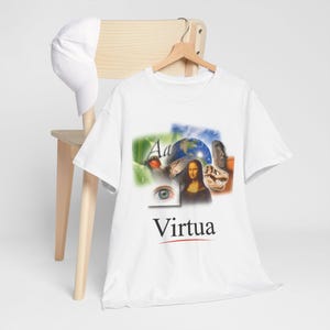May include: A white short-sleeved t-shirt featuring a graphic print with the text Virtua, a hummingbird, the Earth, a human eye, the Mona Lisa, a Moai statue, a dinosaur skull, and the letters Aa. A plain white baseball cap is also included.