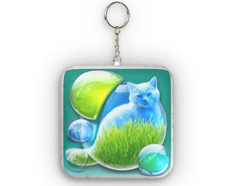 Frutiger Aero Cat and Bubbles Y2K Mini Plush Keychain