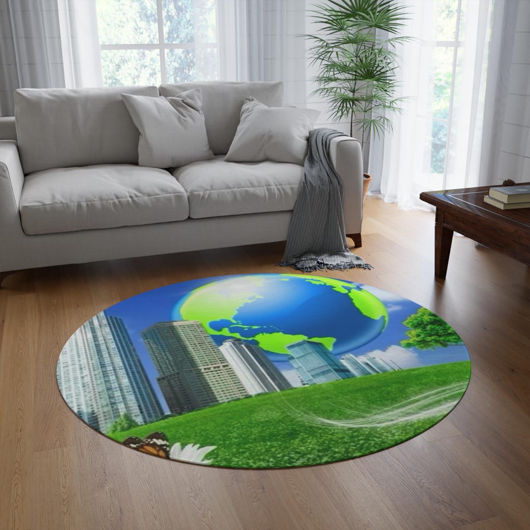 Frutiger Aero Globe Rug | Y2K Cityscape, 5 Foot Round - Etsy