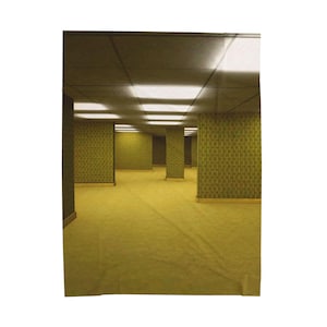 May include: A rectangular wall hanging featuring a printed image of an empty, windowless office space with yellow patterned wallpaper, a solid yellow carpeted floor, and a drop ceiling with recessed square fluorescent light panels.