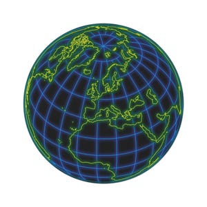 Peut inclure: Illustration d'un globe terrestre avec les continents en jaune sur fond bleu foncé. Des lignes quadrillées bleues forment une carte. Le design est sur fond blanc, avec l'Europe et l'Atlantique Nord en évidence.